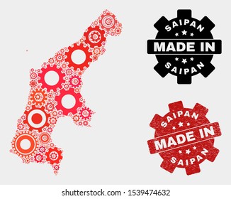 Mosaic technical Saipan Island map and grunge stamp. Vector geographic abstraction in red colors. Mosaic of Saipan Island map combined of random cogwheel items. Red colored model for workshop,