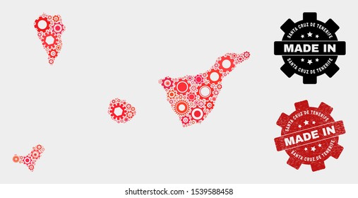 Mosaic technical Santa Cruz de Tenerife Province map and scratched stamp. Vector geographic abstraction in red colors.