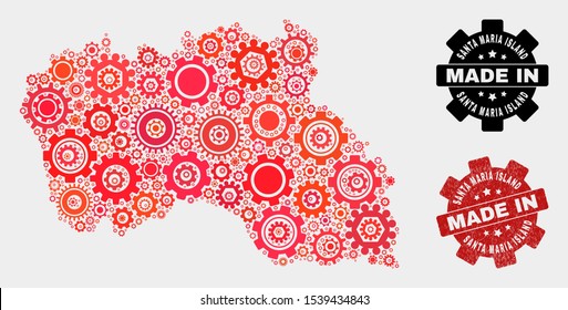 Mosaic technical Santa Maria Island map and grunge seal. Vector geographic abstraction in red colors. Mosaic of Santa Maria Island map combined of random gear elements. Red colored model for mechanic,