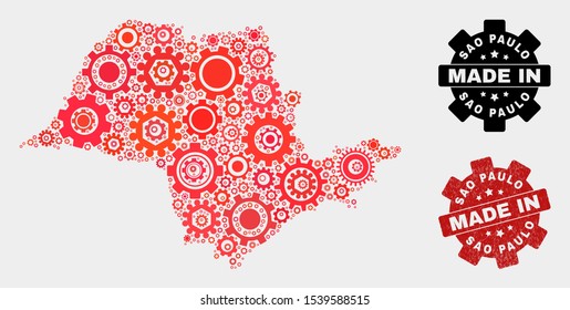 Mosaic technical Sao Paulo State map and grunge stamp. Vector geographic abstraction in red colors. Mosaic of Sao Paulo State map combined of random gearwheel items. Red colored model for technical,