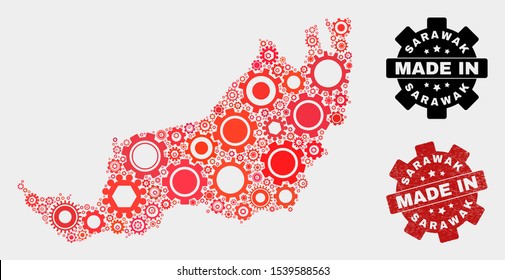 Mosaic technical Sarawak State map and grunge seal. Vector geographic abstraction in red colors. Mosaic of Sarawak State map combined of random gearwheel items. Red colored model for industrial,