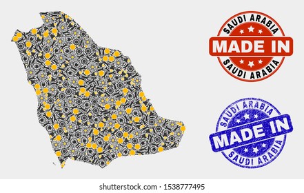 Mosaic technical Saudi Arabia map and blue Made In textured stamp. Vector geographic abstraction model for technical, or patriotic illustrations.