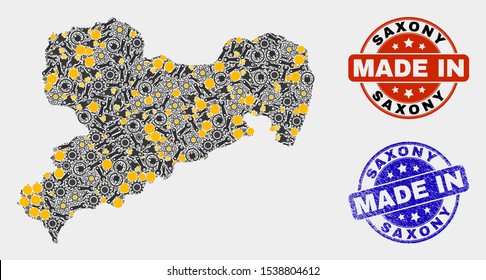 Mosaic technical Saxony Land map and blue Made In textured seal. Vector geographic abstraction model for technical, or patriotic illustrations. Mosaic of Saxony Land map designed from scattered gears,