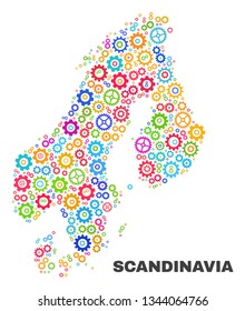 Mosaic technical Scandinavia map isolated on a white background. Vector geographic abstraction in different colors. Mosaic of Scandinavia map combined of scattered multi-colored gearwheel items.