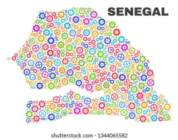Mosaic technical Senegal map isolated on a white background. Vector geographic abstraction in different colors. Mosaic of Senegal map composed from scattered multi-colored wheel elements.