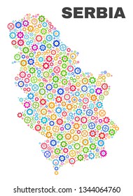 Mosaic technical Serbia map isolated on a white background. Vector geographic abstraction in different colors. Mosaic of Serbia map combined of random multi-colored gear items.