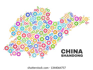 Mosaic technical Shandong Province map isolated on a white background. Vector geographic abstraction in different colors. Mosaic of Shandong Province map combined of random bright gearwheel items.