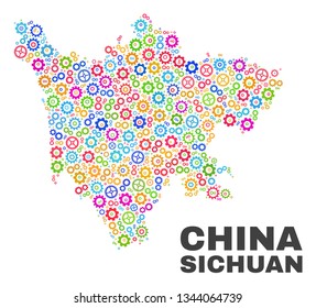 Mosaic technical Sichuan Province map isolated on a white background. Vector geographic abstraction in different colors. Mosaic of Sichuan Province map combined of random multi-colored cog items.