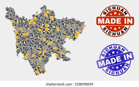 Mosaic technical Sichuan Province map and blue Made In grunge seal. Vector geographic abstraction model for technical, or political templates.