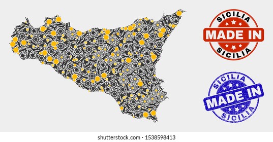 Mosaic technical Sicilia map and blue Made In scratched stamp. Vector geographic abstraction model for technical, or patriotic templates. Mosaic of Sicilia map combined of scattered cogwheel,