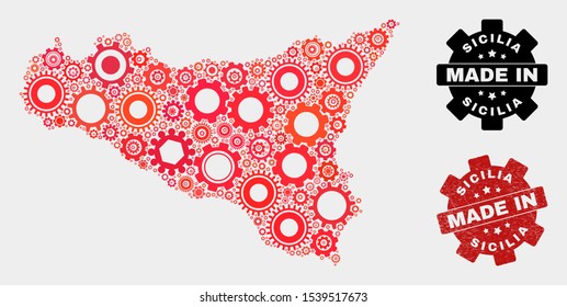 Mosaic technical Sicilia map and grunge seal. Vector geographic abstraction in red colors. Mosaic of Sicilia map combined of scattered cogwheel items. Red colored model for technical,