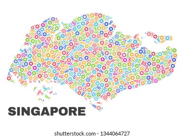 Mosaic technical Singapore map isolated on a white background. Vector geographic abstraction in different colors. Mosaic of Singapore map combined of random multi-colored cogwheel items.