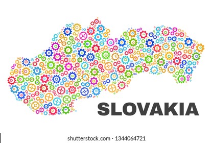 Mosaic technical Slovakia map isolated on a white background. Vector geographic abstraction in different colors. Mosaic of Slovakia map combined of random multi-colored gearwheel elements.