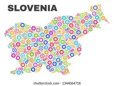 Mosaic technical Slovenia map isolated on a white background. Vector geographic abstraction in different colors. Mosaic of Slovenia map combined of scattered bright cogwheel elements.