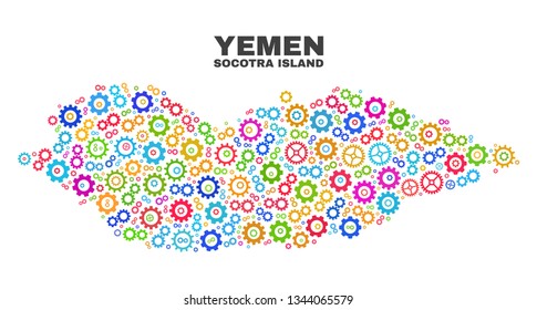 Mosaic technical Socotra Island map isolated on a white background. Vector geographic abstraction in different colors. Mosaic of Socotra Island map combined of random multi-colored wheel elements.