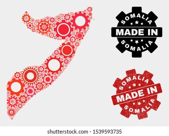 Mosaic technical Somalia map and textured stamp. Vector geographic abstraction in red colors. Mosaic of Somalia map combined of random wheel items. Red colored model for technical,