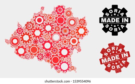 Mosaic technical Soria Province map and textured seal. Vector geographic abstraction in red colors. Mosaic of Soria Province map combined of random gearwheel items. Red colored model for technical,
