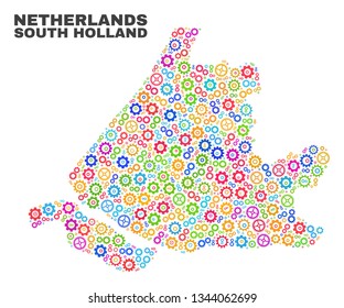 Mosaic technical South Holland map isolated on a white background. Vector geographic abstraction in different colors. Mosaic of South Holland map combined of random multi-colored wheel items.