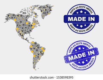 Mosaic technical South and North America map and blue Made In textured stamp. Vector geographic abstraction model for service, or patriotic posters.