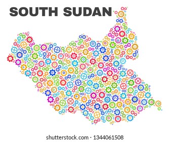 Mosaic technical South Sudan map isolated on a white background. Vector geographic abstraction in different colors. Mosaic of South Sudan map designed from scattered bright gearwheel items.