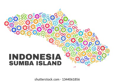 Mosaic technical Sumba Island map isolated on a white background. Vector geographic abstraction in different colors. Mosaic of Sumba Island map designed from random multi-colored cog elements.