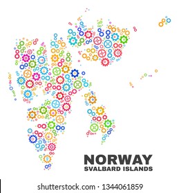 Mosaic technical Svalbard Islands map isolated on a white background. Vector geographic abstraction in different colors. Mosaic of Svalbard Islands map combined of random bright cogwheel elements.