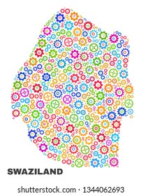 Mosaic technical Swaziland map isolated on a white background. Vector geographic abstraction in different colors. Mosaic of Swaziland map combined of scattered colorful gearwheel elements.