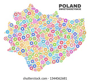 Mosaic technical Swietokrzyskie Voivodeship map isolated on a white background. Vector geographic abstraction in different colors.