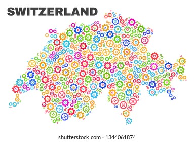 Mosaic technical Switzerland map isolated on a white background. Vector geographic abstraction in different colors. Mosaic of Switzerland map combined of scattered bright gearwheel items.