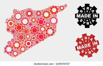 Mosaic technical Syria map and grunge seal. Vector geographic abstraction in red colors. Mosaic of Syria map combined of random gearwheel items. Red colored model for technical, or political purposes.