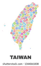 Mosaic technical Taiwan map isolated on a white background. Vector geographic abstraction in different colors. Mosaic of Taiwan map combined of scattered multi-colored cog elements.