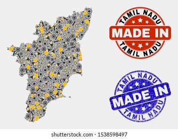 Mosaic technical Tamil Nadu State map and blue Made In grunge stamp. Vector geographic abstraction model for technical, or patriotic templates.