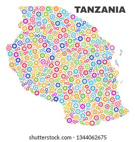 Mosaic technical Tanzania map isolated on a white background. Vector geographic abstraction in different colors. Mosaic of Tanzania map combined of scattered multi-colored cogwheel elements.