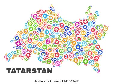 Mosaic technical Tatarstan map isolated on a white background. Vector geographic abstraction in different colors. Mosaic of Tatarstan map combined of random bright wheel items.