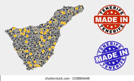 Mosaic technical Tenerife map and blue Made In grunge seal. Vector geographic abstraction model for mechanic, or political purposes. Mosaic of Tenerife map combined of random gears, spanners, lamps,