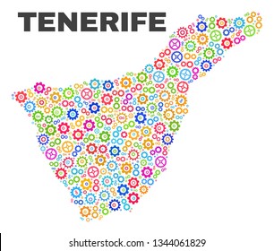 Mosaic technical Tenerife map isolated on a white background. Vector geographic abstraction in different colors. Mosaic of Tenerife map combined of random multi-colored wheel elements.