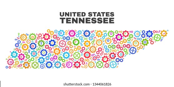 Mosaic technical Tennessee State map isolated on a white background. Vector geographic abstraction in different colors. Mosaic of Tennessee State map combined of scattered bright wheel elements.