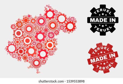 Mosaic technical Teruel Province map and textured stamp. Vector geographic abstraction in red colors. Mosaic of Teruel Province map designed from random cog elements. Red colored model for technical,