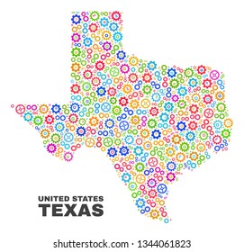 Mosaic technical Texas State map isolated on a white background. Vector geographic abstraction in different colors. Mosaic of Texas State map composed from random multi-colored gear items.