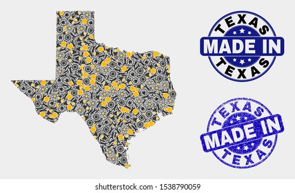 Mosaic technical Texas State map and blue Made In textured stamp. Vector geographic abstraction model for service, or political templates. Mosaic of Texas State map composed from scattered gearwheels,