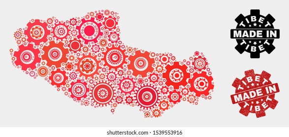 Mosaic technical Tibet map and textured stamp. Vector geographic abstraction in red colors. Mosaic of Tibet map combined of random gear items. Red colored model for technical,