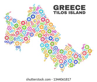 Mosaic technical Tilos Island map isolated on a white background. Vector geographic abstraction in different colors. Mosaic of Tilos Island map combined of scattered bright gearwheel elements.