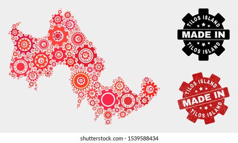 Mosaic technical Tilos Island map and grunge stamp. Vector geographic abstraction in red colors. Mosaic of Tilos Island map combined of scattered cogwheel elements. Red colored model for technical,