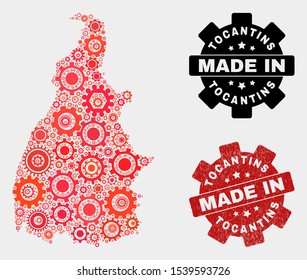 Mosaic technical Tocantins State map and scratched stamp. Vector geographic abstraction in red colors. Mosaic of Tocantins State map combined of scattered gearwheel items.