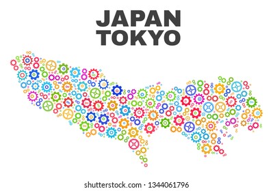 Mosaic technical Tokyo Prefecture map isolated on a white background. Vector geographic abstraction in different colors. Mosaic of Tokyo Prefecture map combined of random multi-colored wheel items.