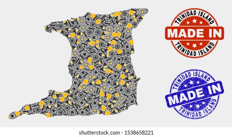 Mosaic technical Trinidad Island map and blue Made In scratched stamp. Vector geographic abstraction model for service, or political posters. Mosaic of Trinidad Island map combined of random gears,