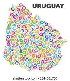 Mosaic technical Uruguay map isolated on a white background. Vector geographic abstraction in different colors. Mosaic of Uruguay map combined of random bright gear items.