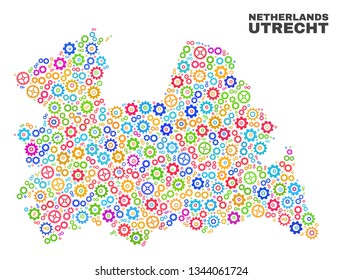Mosaic technical Utrecht Province map isolated on a white background. Vector geographic abstraction in different colors. Mosaic of Utrecht Province map combined of random multi-colored cogwheel items.