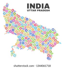 Mosaic technical Uttar Pradesh State map isolated on a white background. Vector geographic abstraction in different colors.