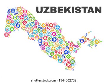 Mosaic technical Uzbekistan map isolated on a white background. Vector geographic abstraction in different colors. Mosaic of Uzbekistan map composed from scattered multi-colored cog items.